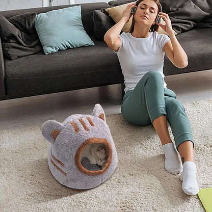 Plush Cat Bed Cave Cute Bear Designed Cats Nest, Washable Donut Warming Sleeping Bed